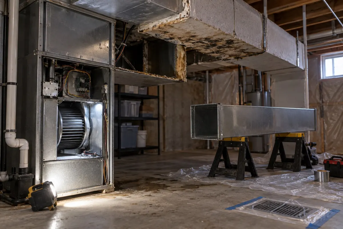 Illustration: water-damaged duct board removed for replacement beside a new sheet metal duct section