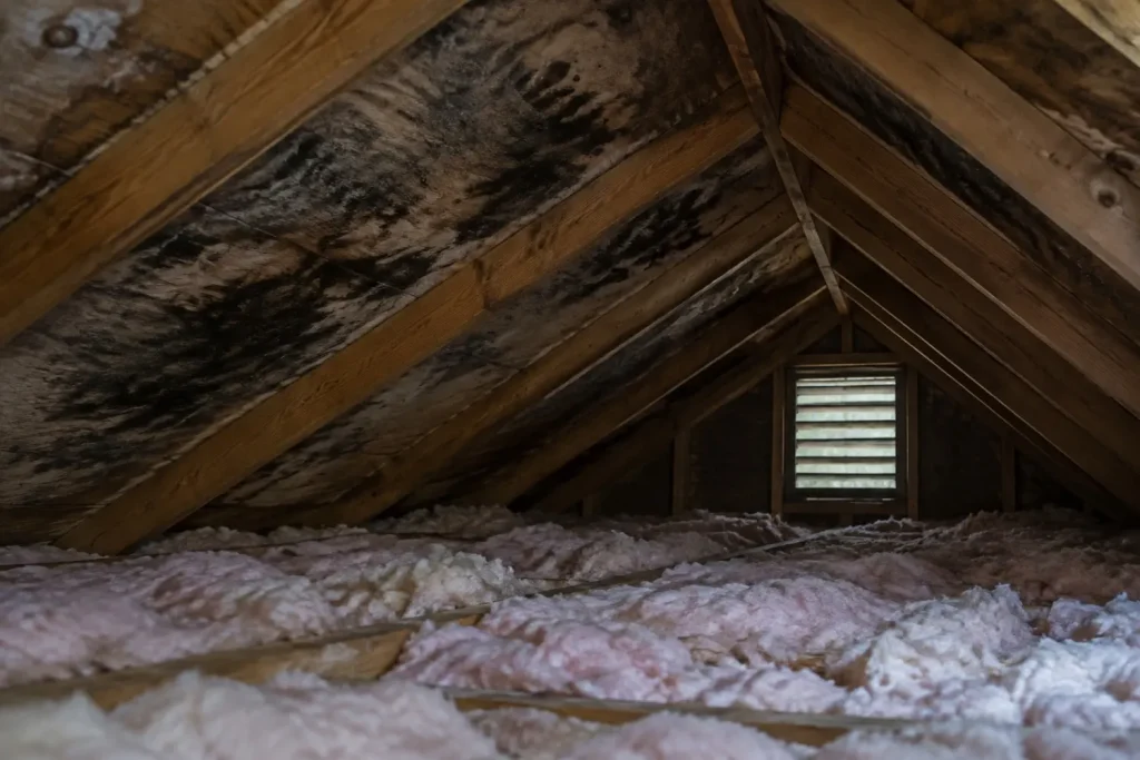 Illustration: an attic roof deck with dark patchy staining across the sheathing between rafters.