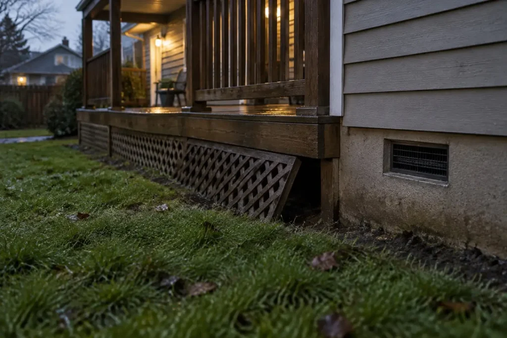 Illustration: a low deck with a gap beneath it beside a foundation vent at dusk