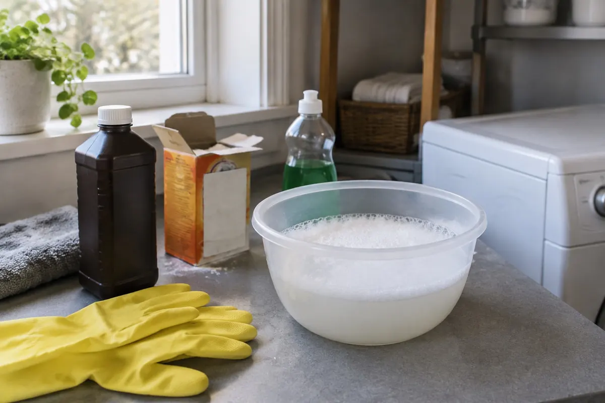 Illustration: hydrogen peroxide, baking soda and dish soap mixed in an open bowl