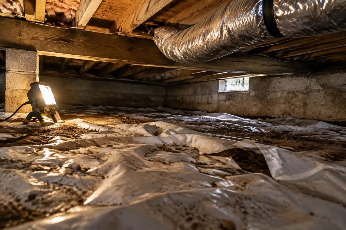 Illustration: a crawl space with a torn vapour barrier and a return duct overhead