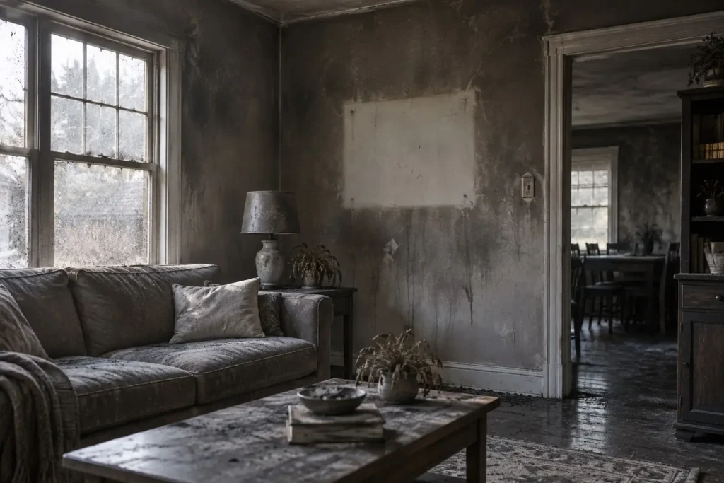 Illustration: a room coated in soot film with a clean rectangle on the wall where a picture hung.