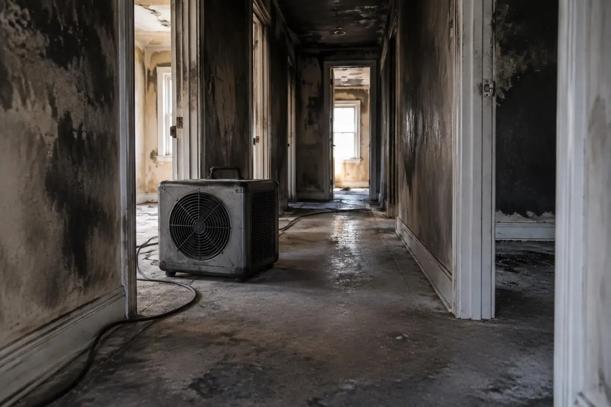 Illustration: a hydroxyl generator running in a sooted hallway during odour treatment.