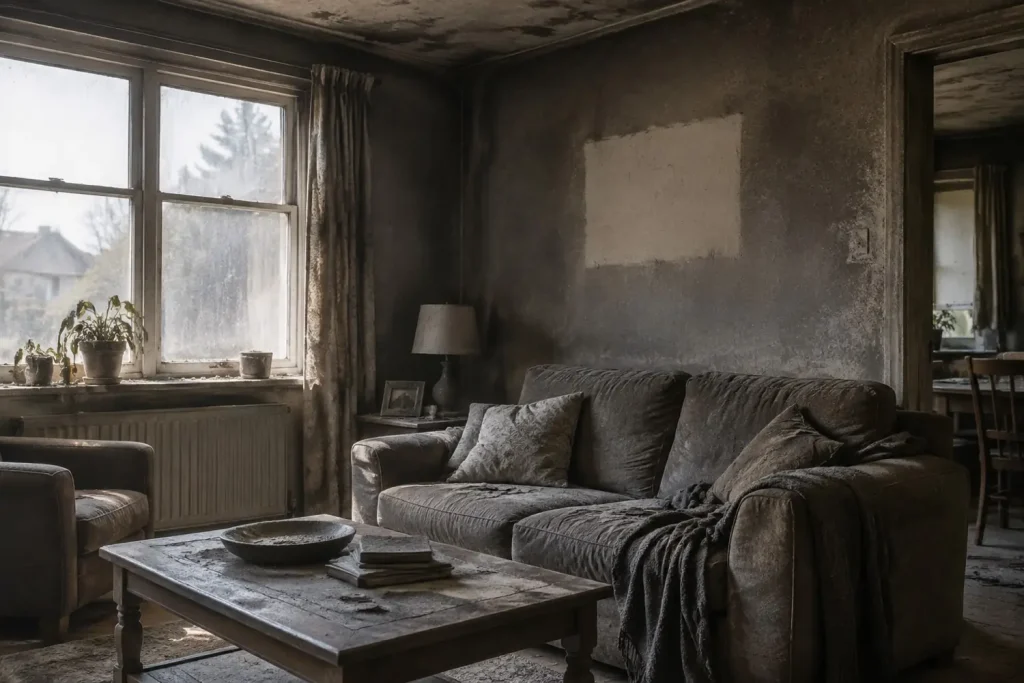Illustration: a room coated in soot film with a clean rectangle where a picture hung.