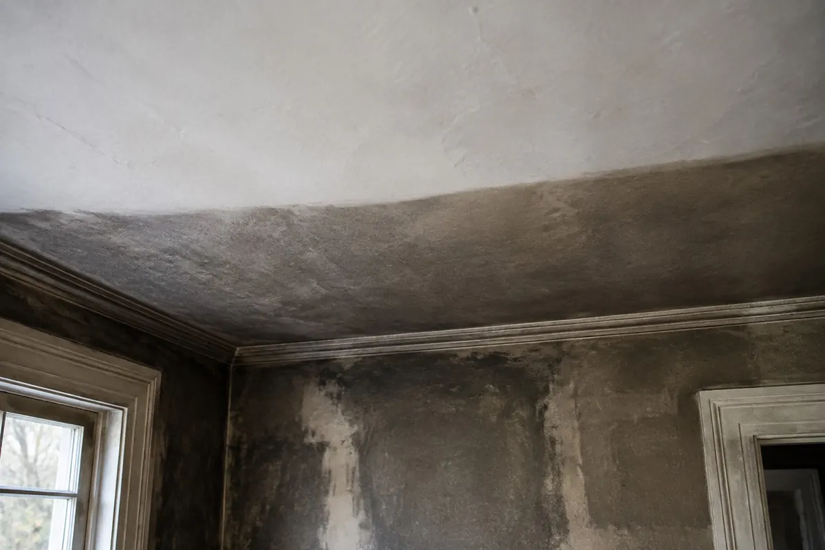 Illustration: a part-cleaned wall showing a sharp line between cleaned and sooted surfaces.