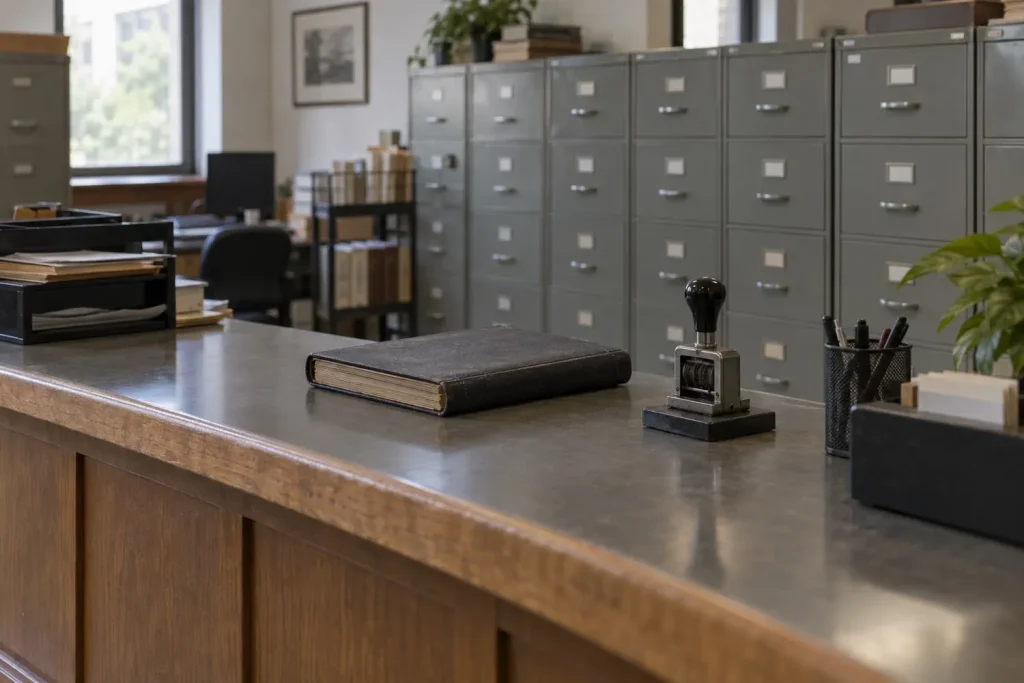 Illustration: a public records office counter with filing drawers, a ledger and a date stamp.