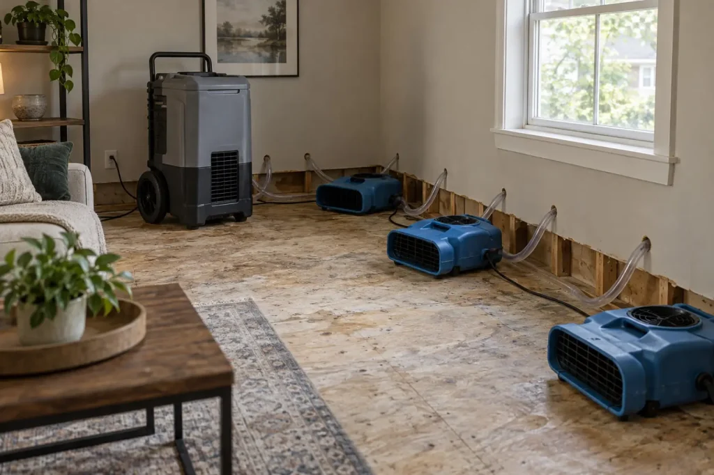 Illustration: a room set up for structural drying with air movers, a dehumidifier and a wall-cavity injection system