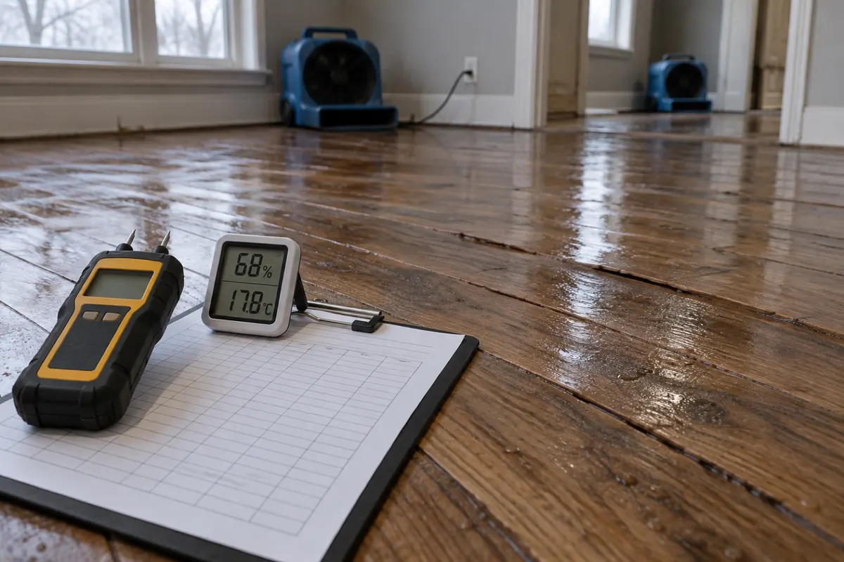 Illustration: moisture meter, thermo-hygrometer and a blank drying log on a cupped hardwood floor