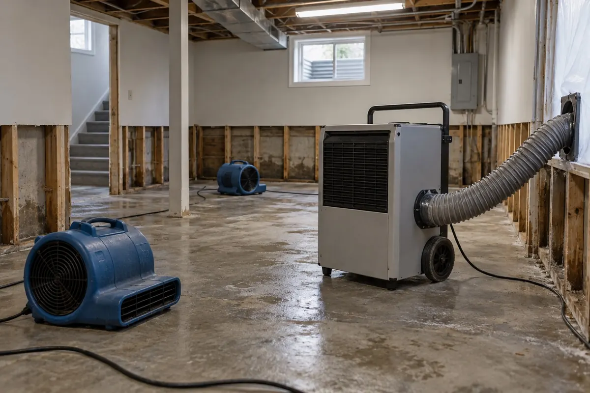 Illustration: a flood-cut basement with a desiccant dehumidifier and air movers on a concrete slab
