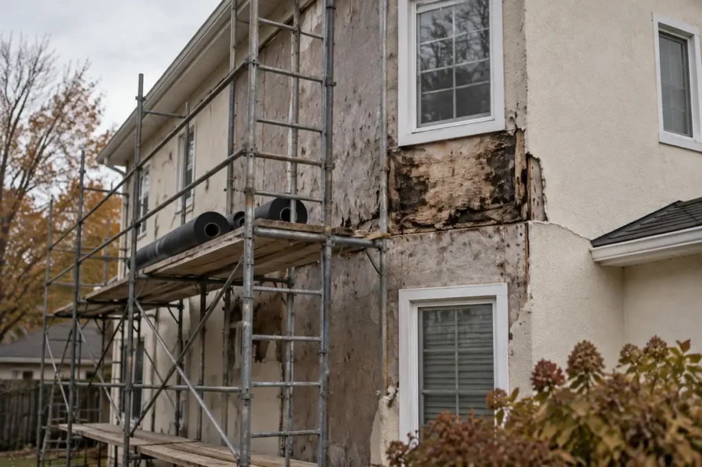Illustration: a stucco wall stripped to the sheathing during remediation