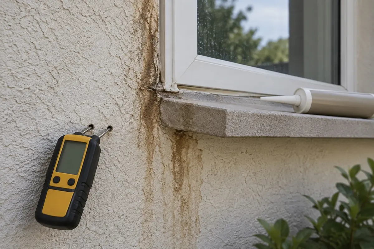 Illustration: a probe moisture test through stucco below a window corner