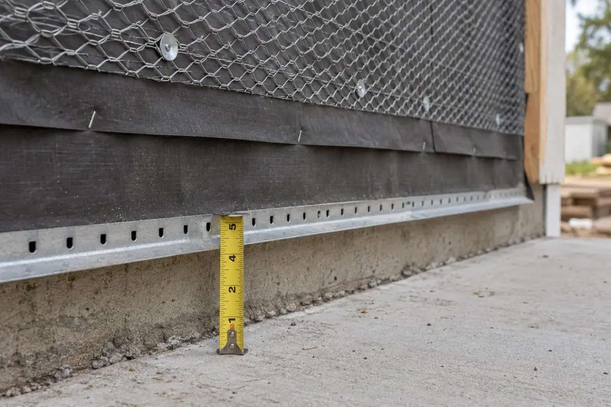 Illustration: a weep screed and lath at the base of a new stucco wall