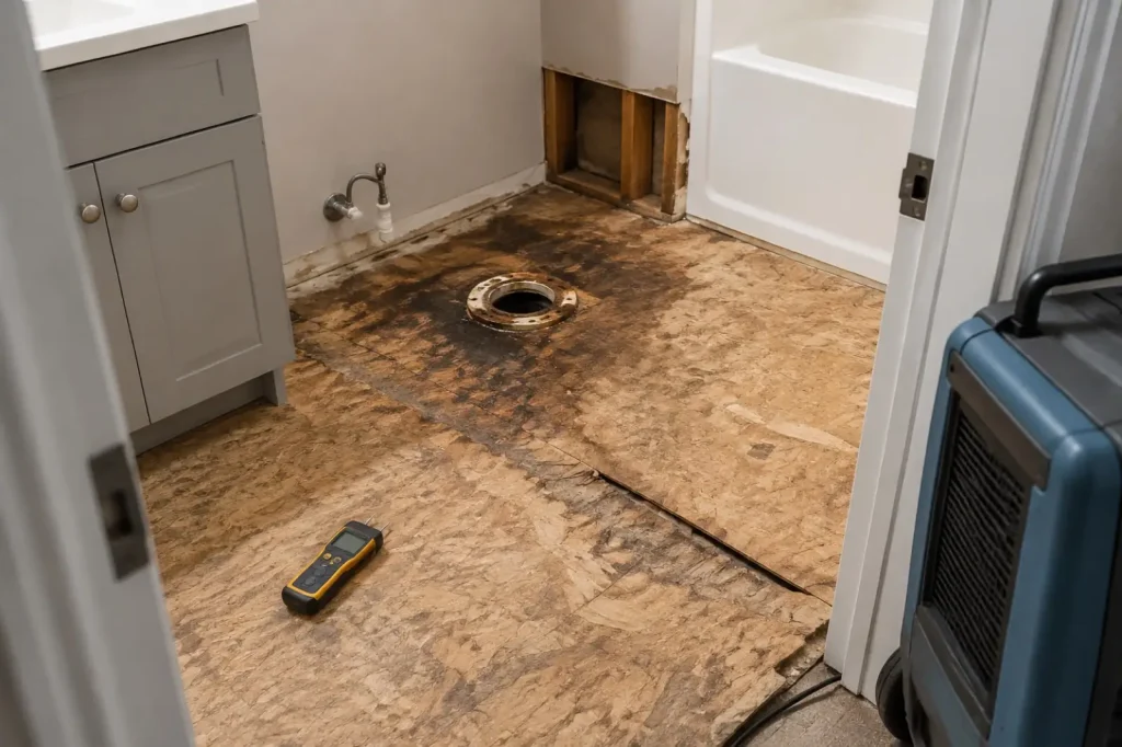 Illustration: a stained, edge-swollen OSB subfloor exposed around a toilet flange after the vinyl was lifted