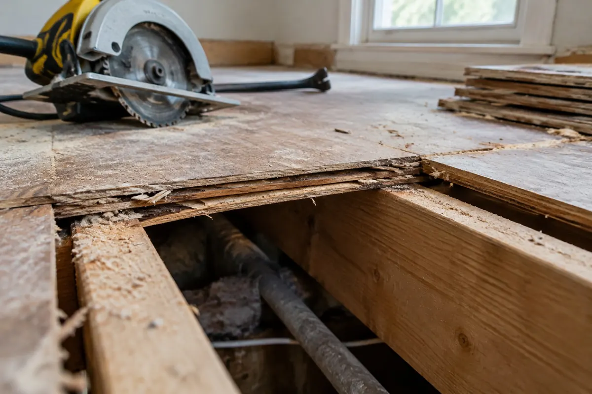 Illustration: a cut-out plywood subfloor section with plies separating at the edge
