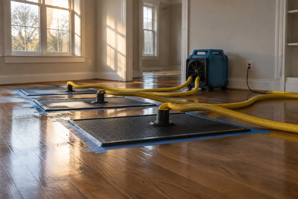 Illustration: suction drying panels taped to a hardwood floor over a wet subfloor