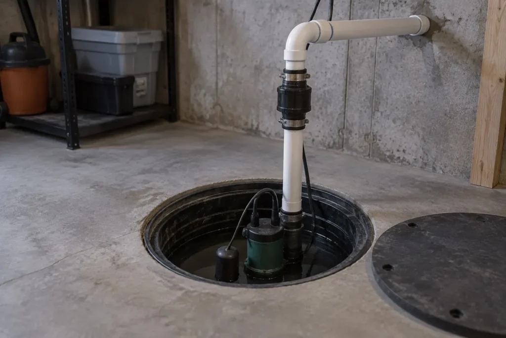 Illustration: a sump basin set into a basement floor with a submersible pump and discharge piping.