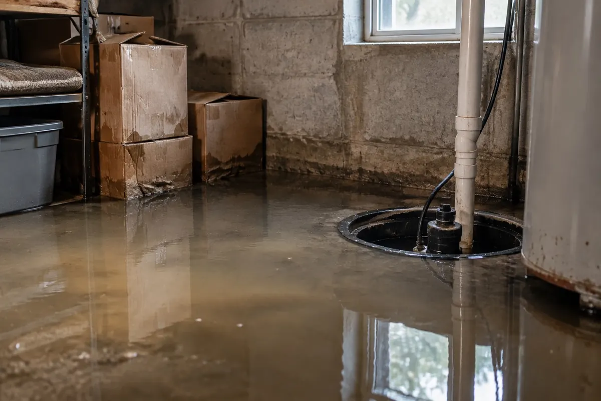 Illustration: a flooded basement corner with standing water and a failed sump basin below the waterline.
