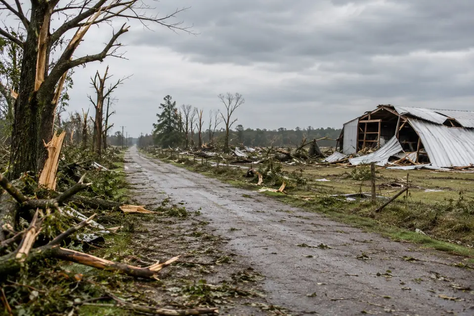 Illustration: snapped trees and a damaged outbuilding along a tornado path.