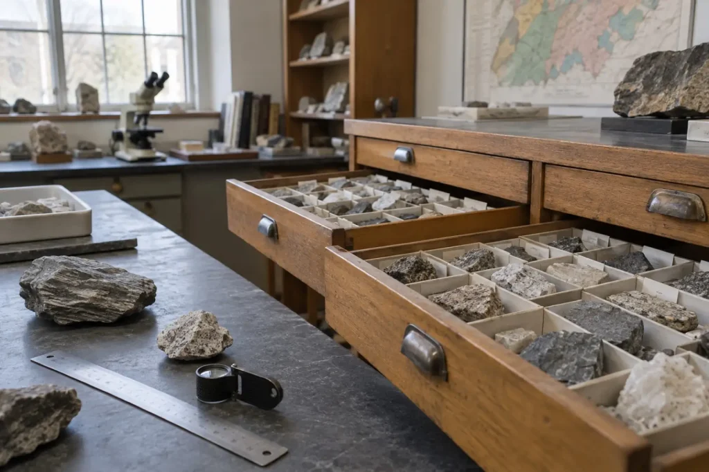 Illustration: a geology teaching lab with open specimen drawers, not a reference image of any asbestos mineral