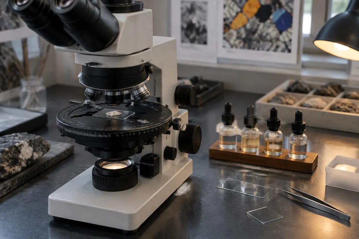 Illustration: a polarized light microscope with refractive index liquids, the instrument used to tell asbestos types apart