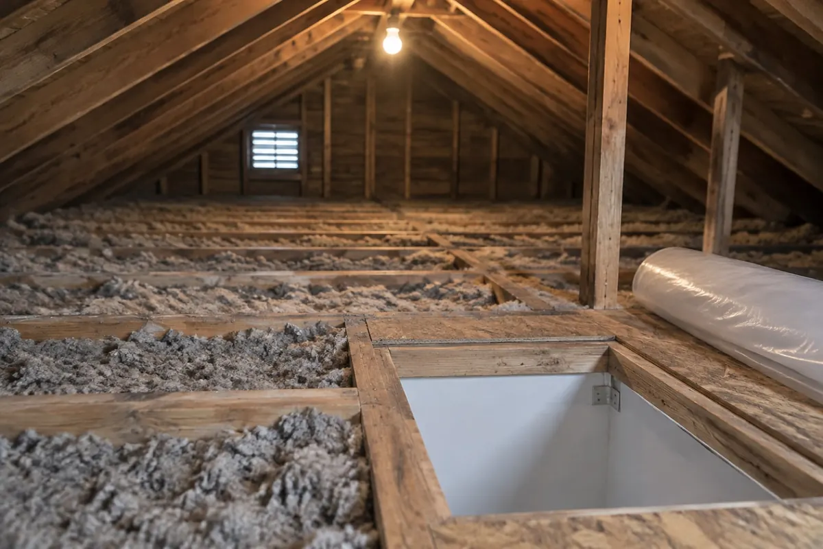 Illustration: an attic with loose fill insulation between joists, not a reference image of vermiculite or any asbestos material