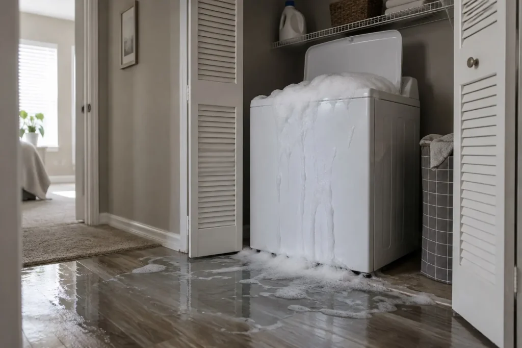 Illustration: foam and grey water spilling from a top-load washer across a laundry closet floor toward a hallway.