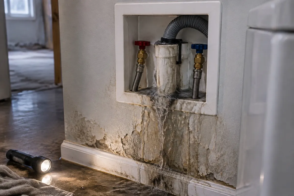 Illustration: grey water overflowing the top of a washer drain standpipe in a wall outlet box.