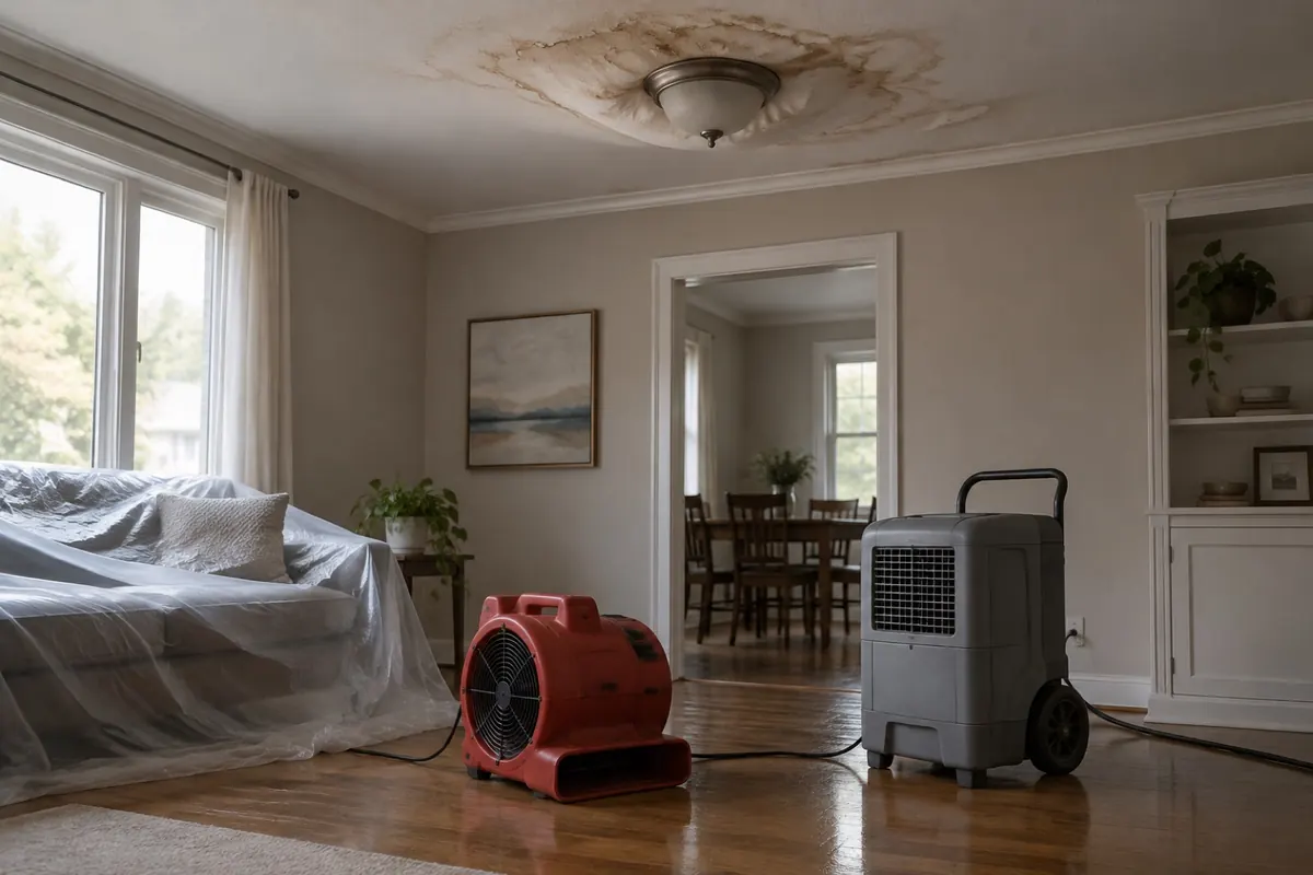 Illustration: a stained, sagging ceiling under a laundry room with drying equipment on the floor below.