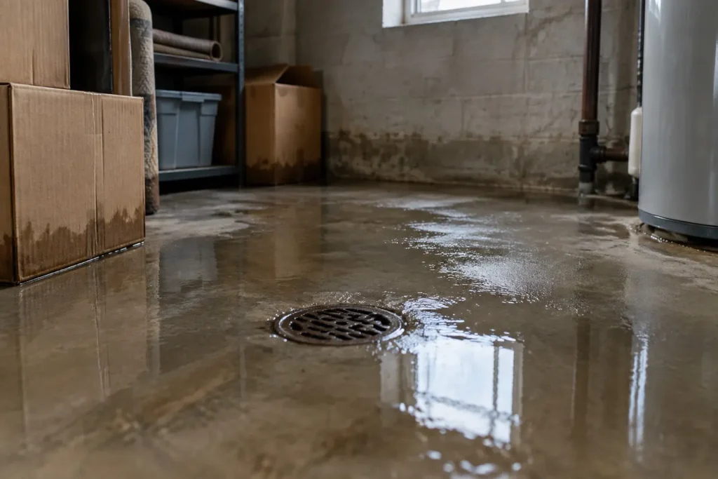 Illustration: a basement floor drain with pooled water, a tide line on the wall and swollen cardboard boxes.