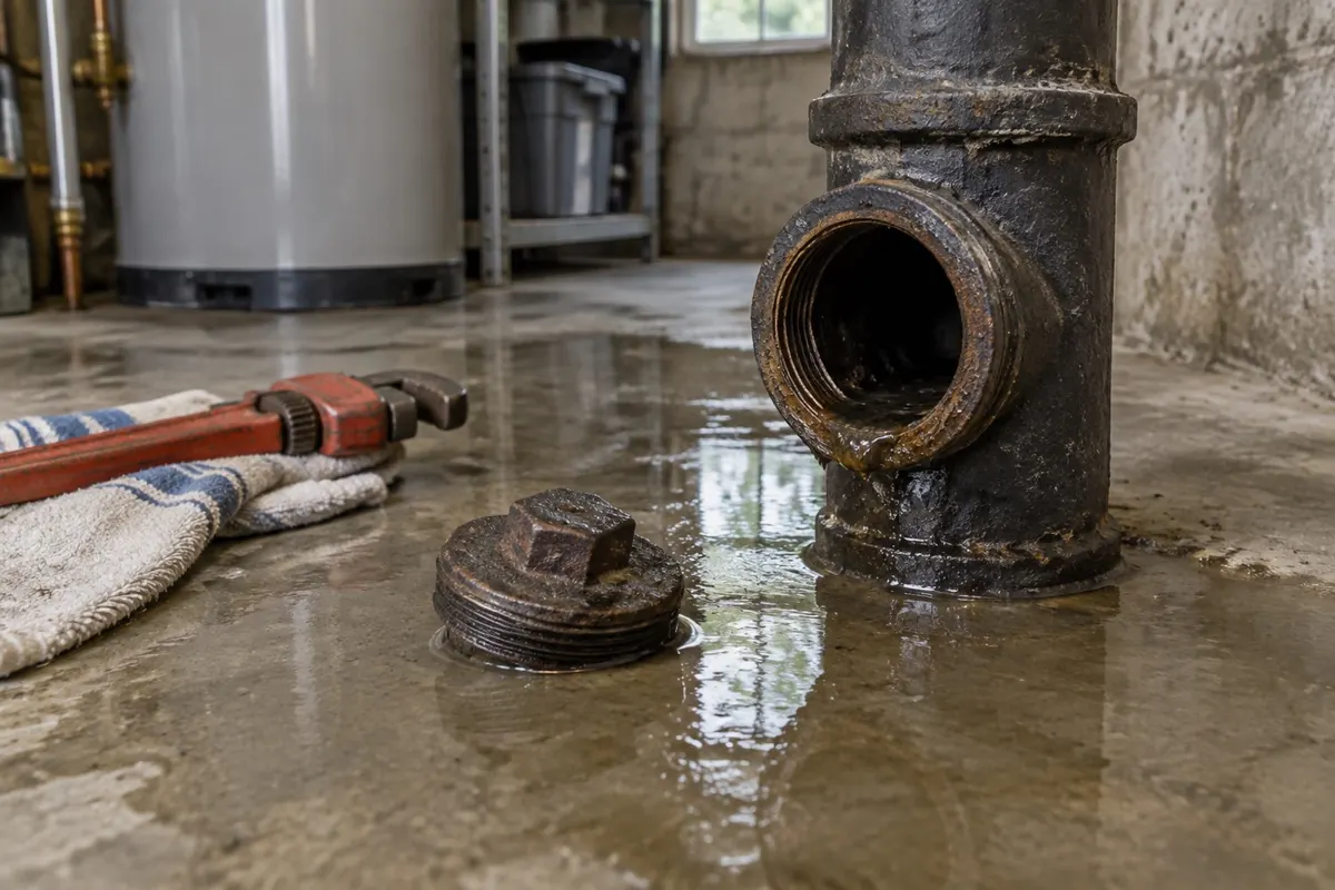 Illustration: a drain cleanout opened in a utility area with standing water on the floor around it.