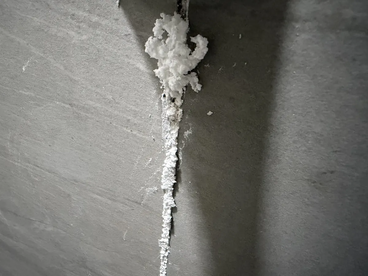White crystalline efflorescence growing out of the grout joint between two grey wall tiles