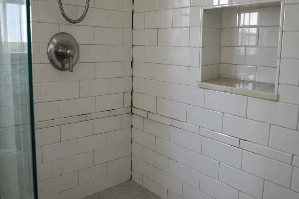 Illustration: a tiled shower wall with a cracked corner grout line, raised tiles and water standing in a niche.