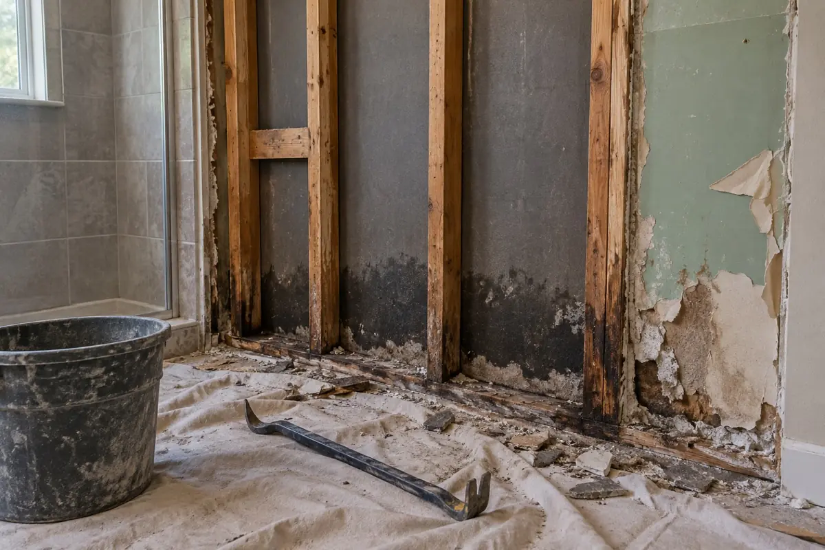 Illustration: a shower wall opened to the studs showing wet backer board and stained framing.