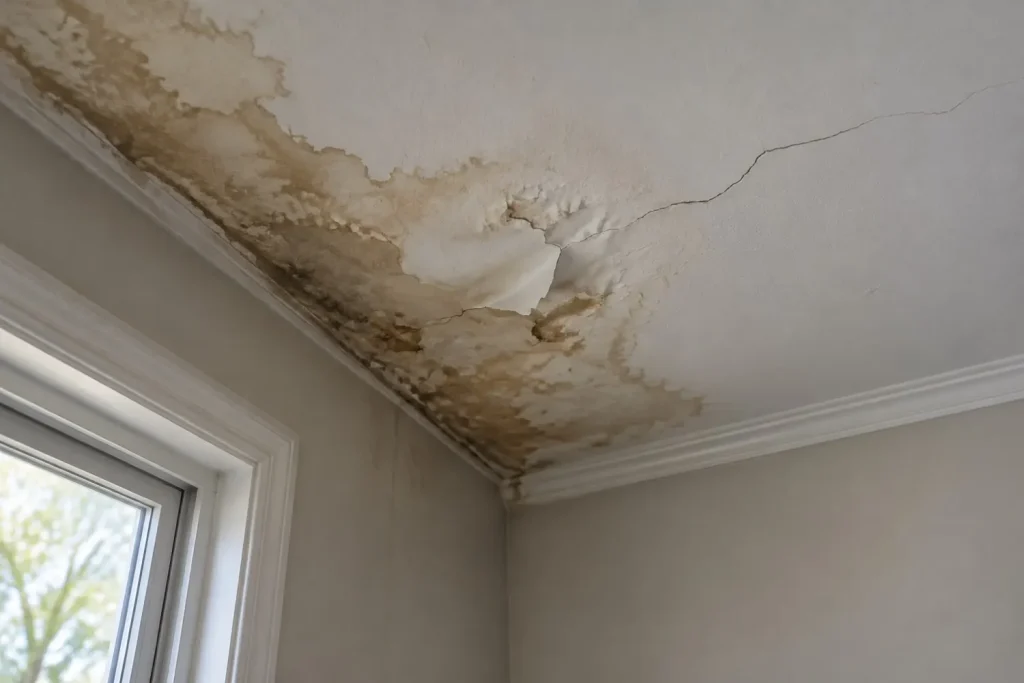 Illustration: a ceiling with a spreading brown water stain, bubbling paint and sagging plaster.