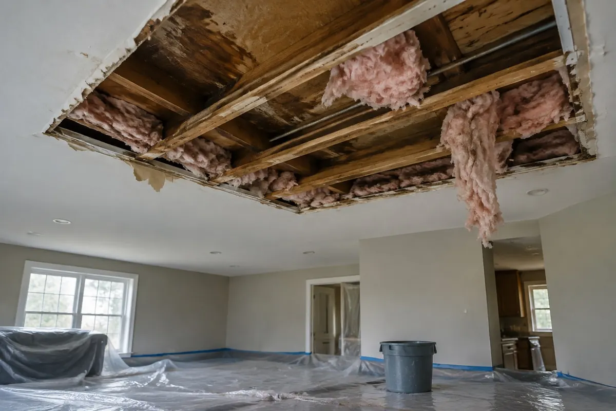 Illustration: a ceiling opened from below with cut drywall edges, wet insulation removed and joists exposed.