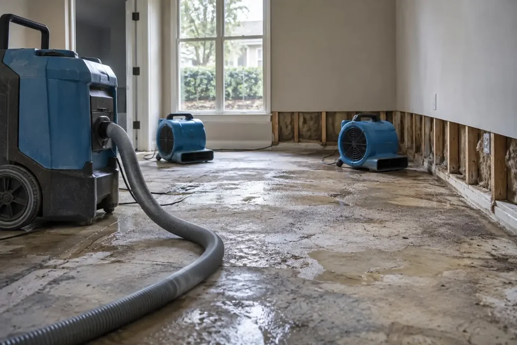 Illustration: a room mid-cleanup with an extraction unit, air movers and baseboard removed along one wall.