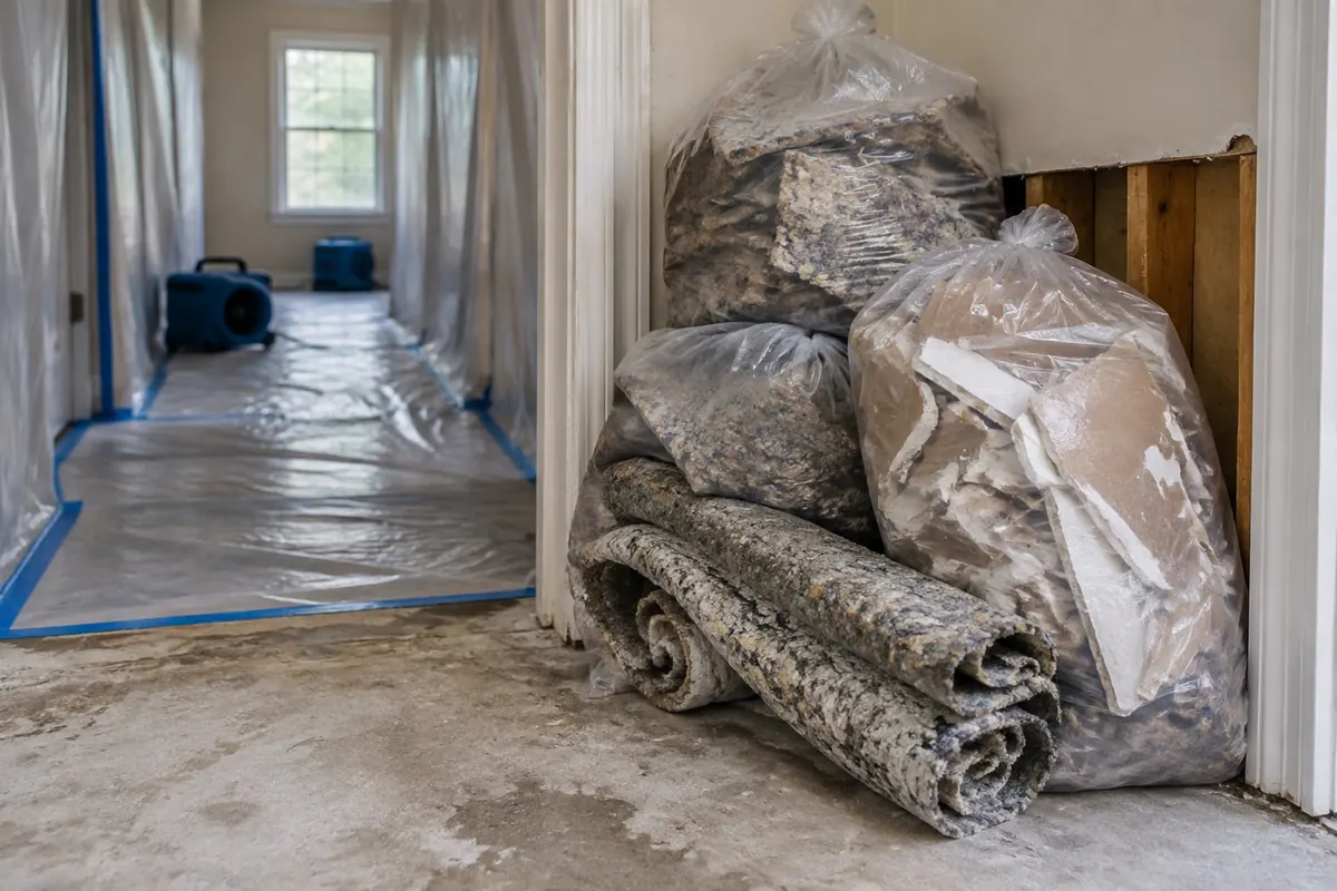 Illustration: removed wet materials bagged and stacked by a doorway with floor protection behind.
