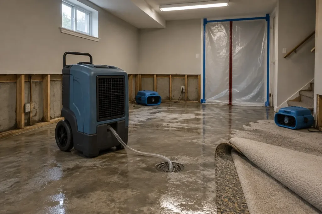 Illustration: a closed basement drying chamber with a restoration dehumidifier draining to a floor drain