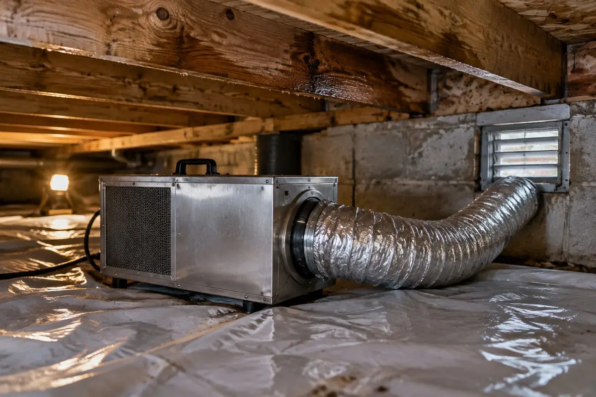 Illustration: a desiccant dehumidifier on its side in a crawl space with its reactivation duct run to the outside