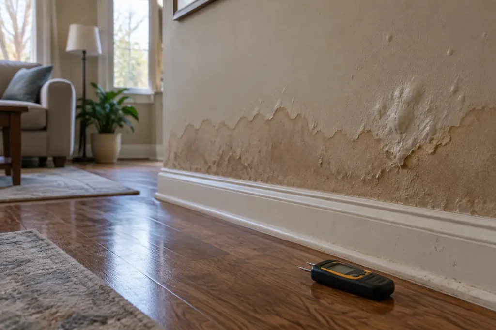 Illustration: a water stain rising from the baseboard on a painted drywall wall, with a moisture meter on the floor