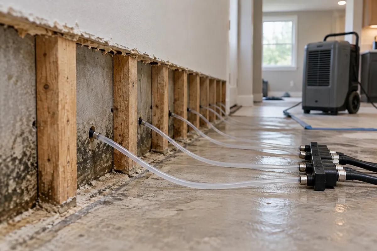 Illustration: a wall-cavity drying setup with injector tubes in small holes behind the baseboard line