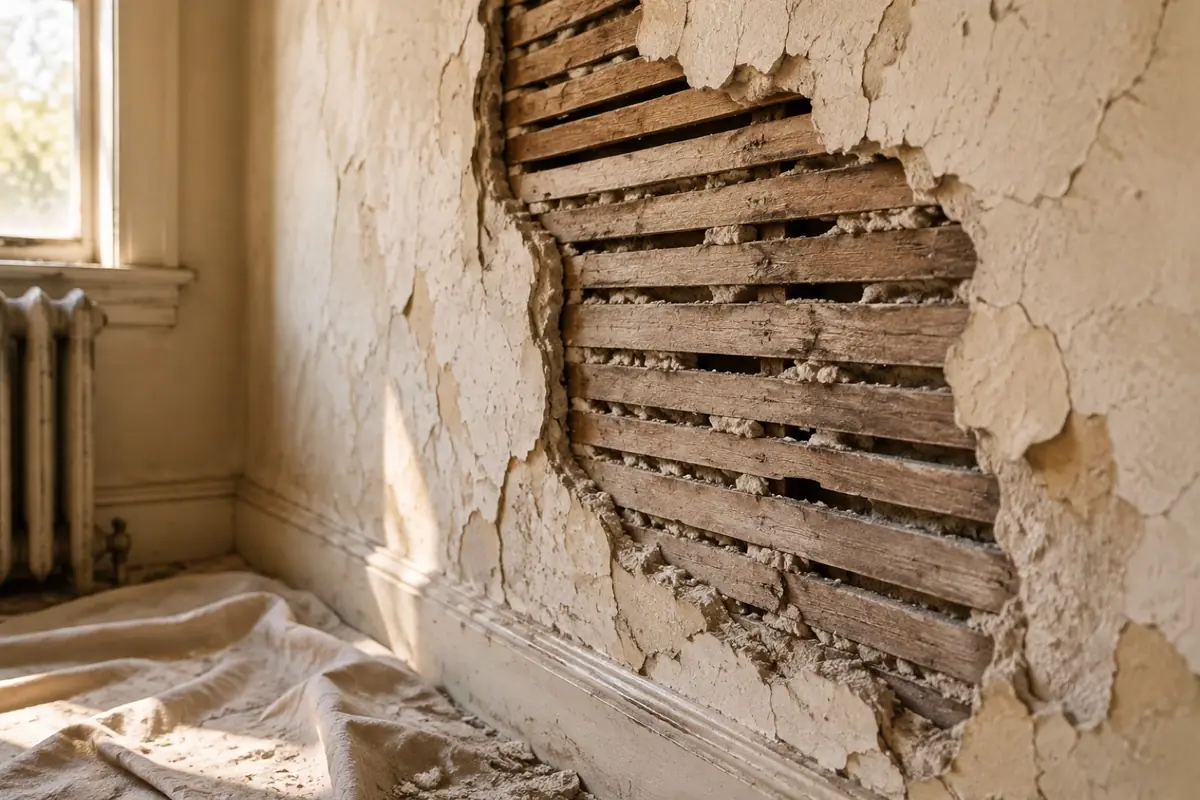 Illustration: plaster on wood lath with a damaged section showing the lath and plaster keys