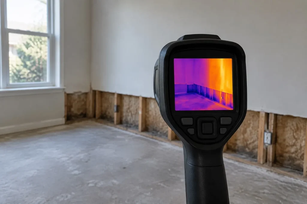 Illustration: a thermal imaging camera aimed at a wall during a water damage inspection.