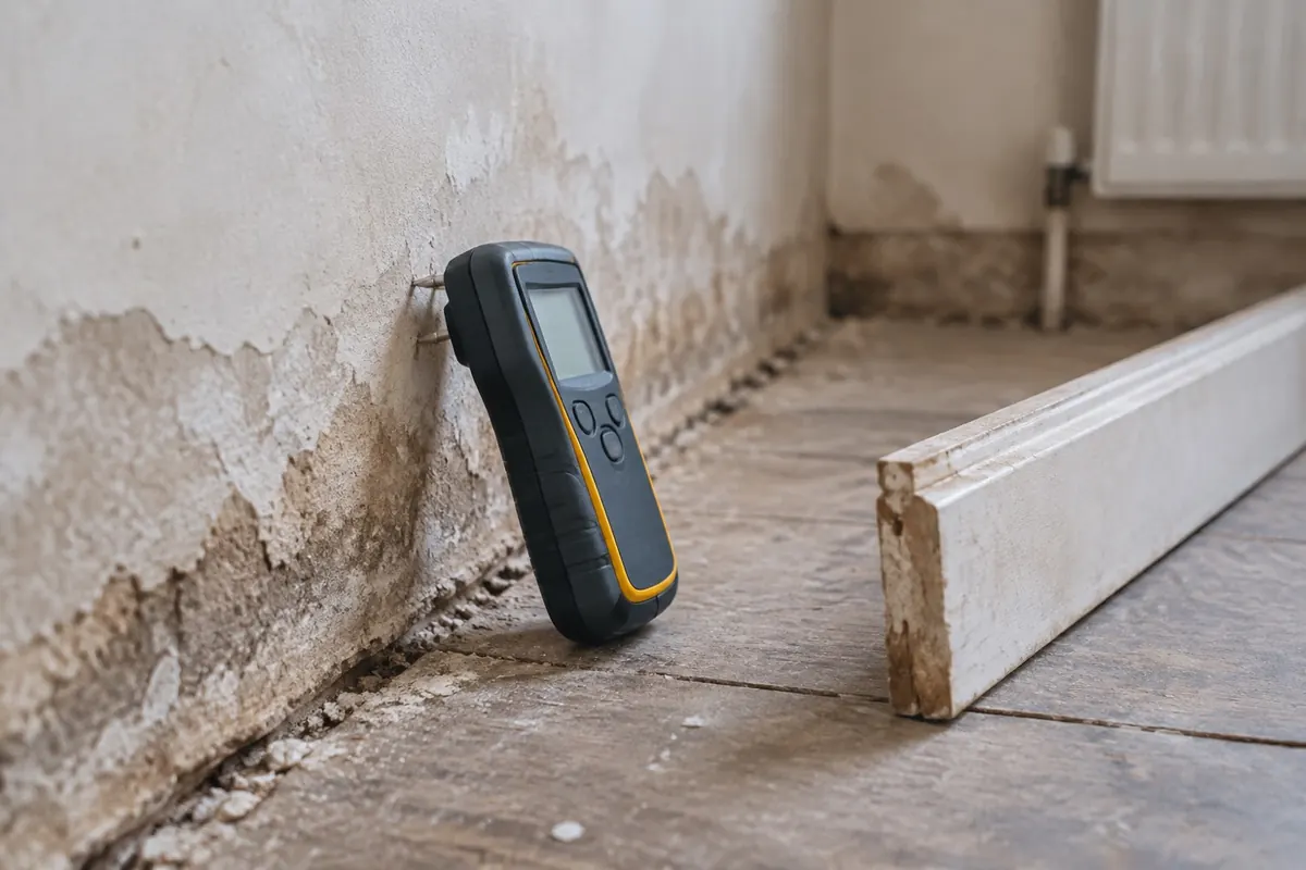 Illustration: a pin moisture meter being used at the base of a plaster wall with skirting removed.