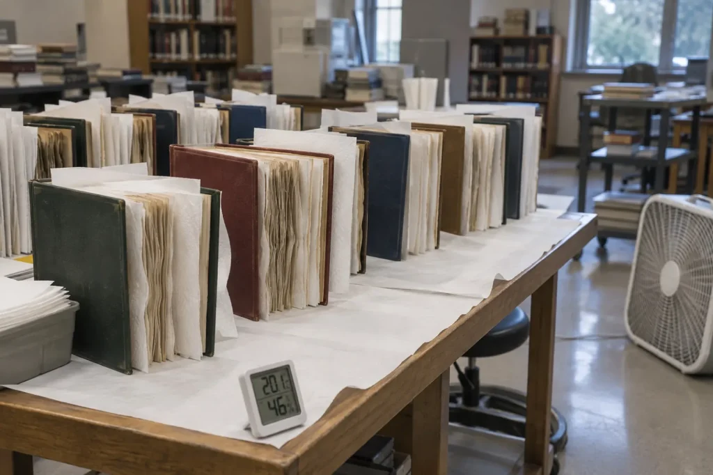 Illustration: wet hardcover books standing fanned open on blotter paper with paper towel interleaving and a fan angled past them.