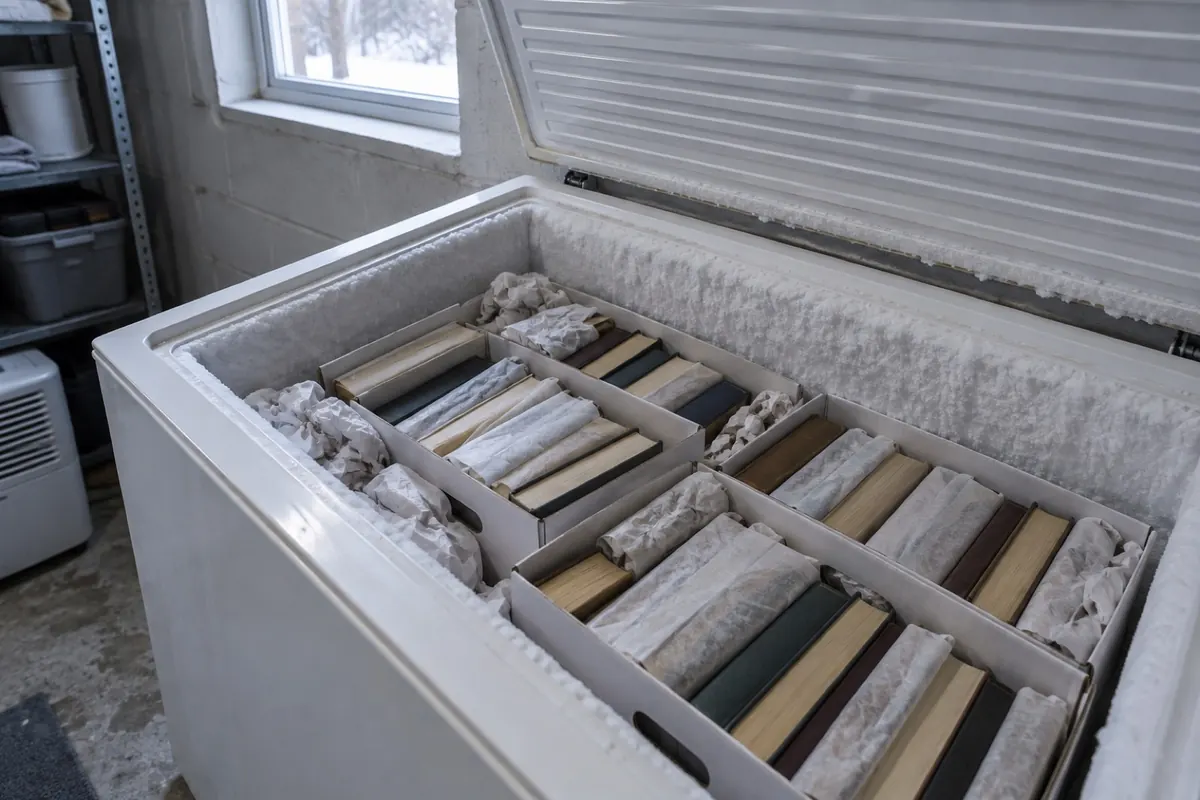 Illustration: wet books packed spine down in records boxes inside a chest freezer, every other book wrapped in freezer paper.