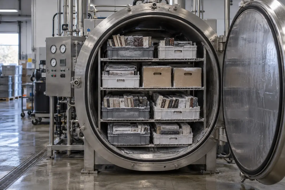 Illustration: an open vacuum freeze drying chamber loaded with crates of frozen books and archive boxes.