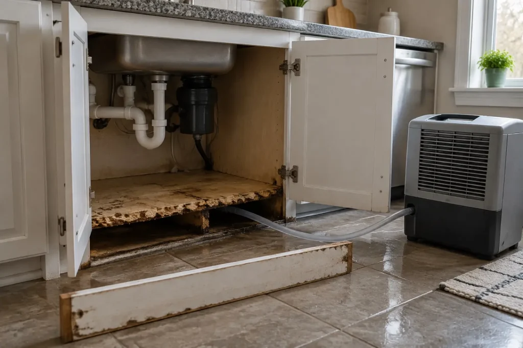 Illustration: an open sink base cabinet with the toe kick removed, a swollen cabinet floor and an air hose fed into the void beneath.