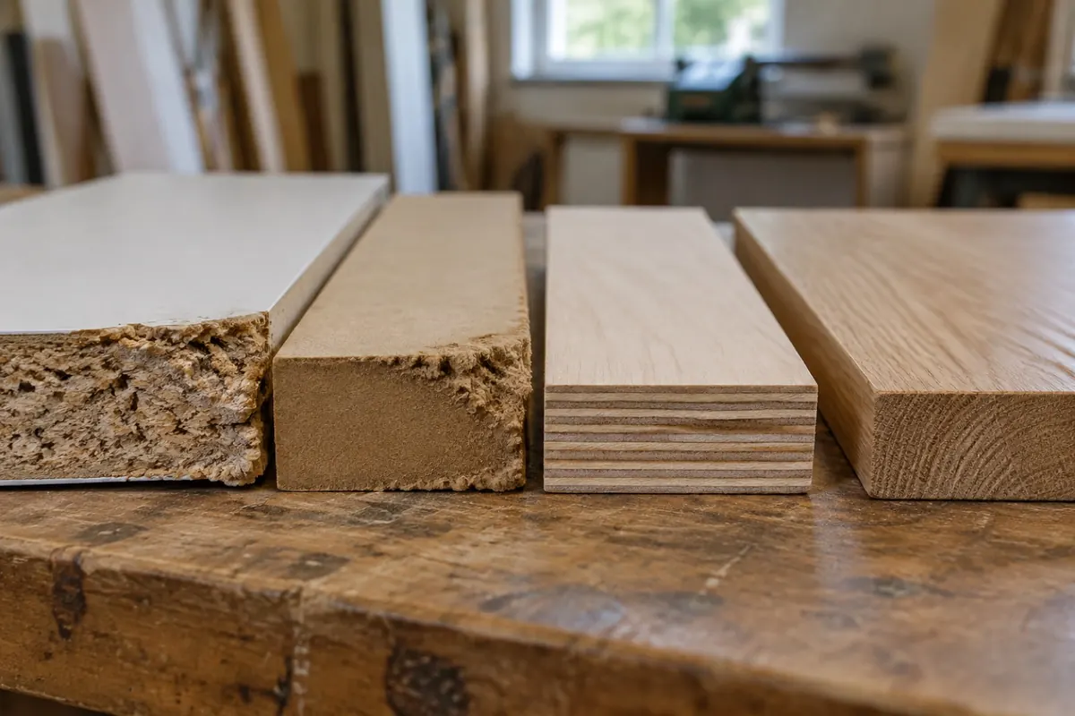 Illustration: cut edges of particleboard, MDF, plywood and solid wood panels side by side, the composite edges swollen.