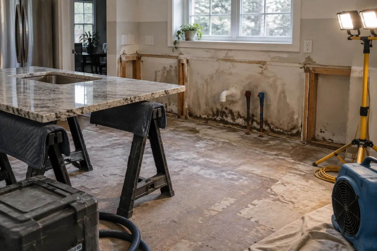 Illustration: a kitchen with base cabinets removed, the stone countertop on padded stands and the stained wall behind exposed.